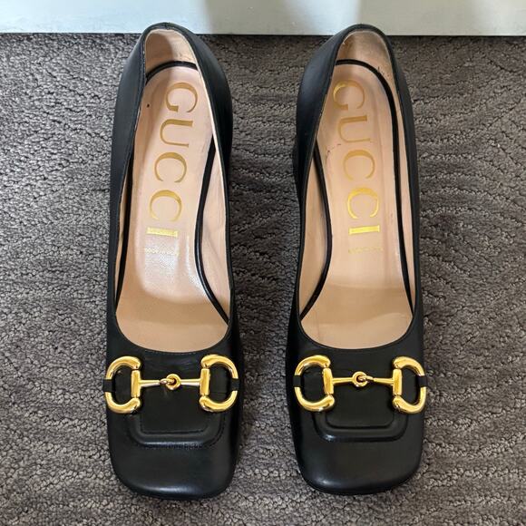 Gucci Baby Horsebit Leather Square Toe Mid High Heel Pumps Black Size EU 40 - Picture 2 of 16